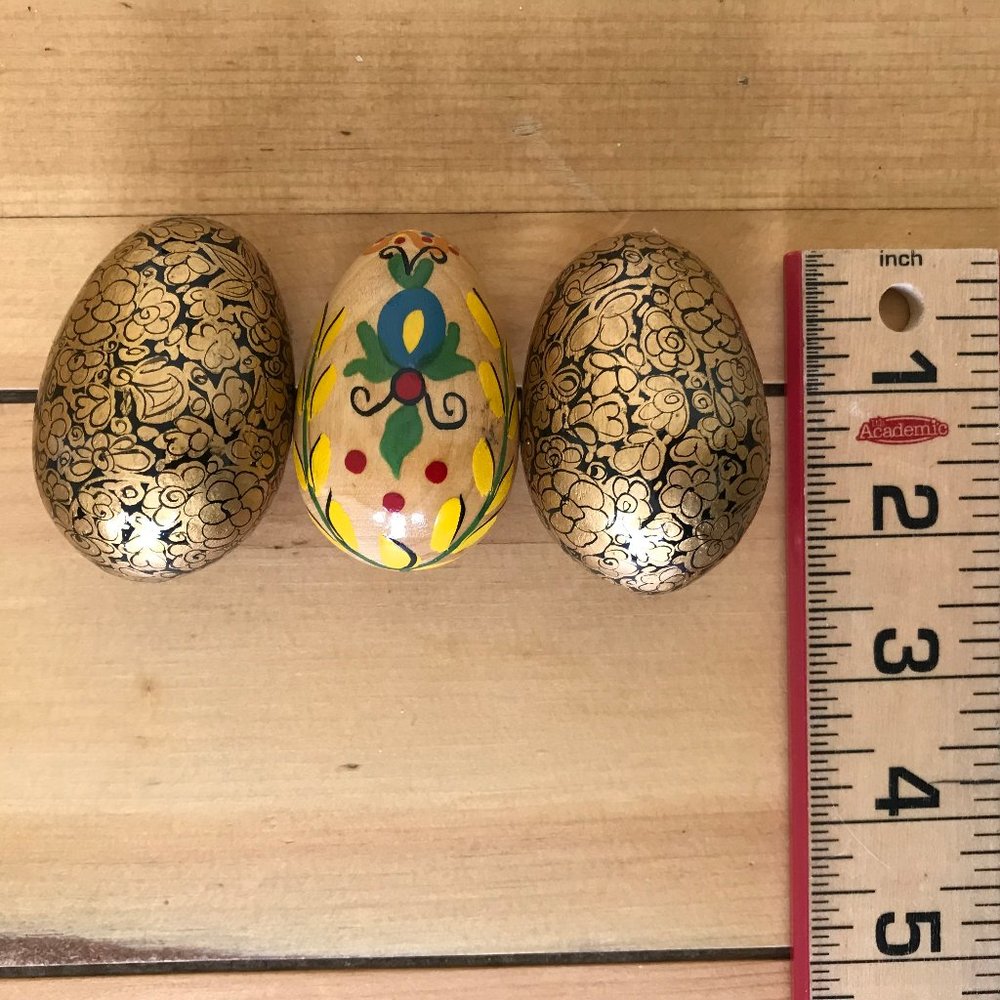 Wooden Hand Decorated Eggs Ukrainian Floral & Black and Gold Modern Design 2.75"